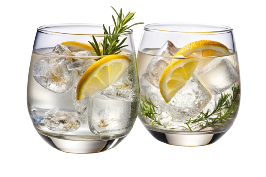 Two refreshing gin and tonic cocktails with ice lemon slices and rosemary sprigs in clear glasses isolated on transparent background