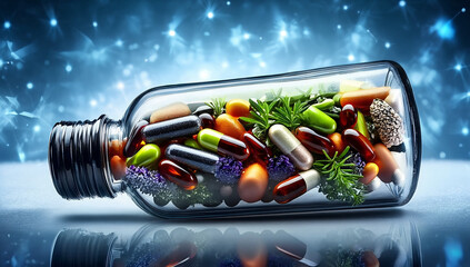 Glass bottle filled with diverse pills herbs and natural ingredients on a futuristic background