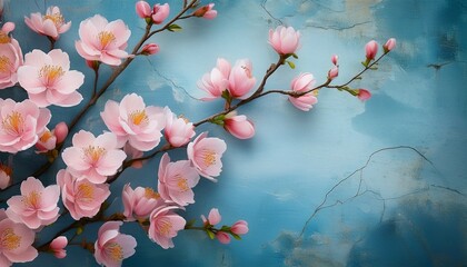 ethereal beauty blossoms with tender pink blooms against a distressed azure canvas evoking serene spring feelings in