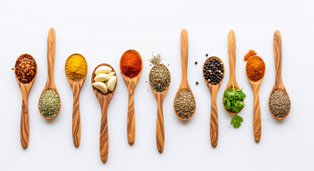 Collection of wooden spoons filled with various colorful spices and herbs