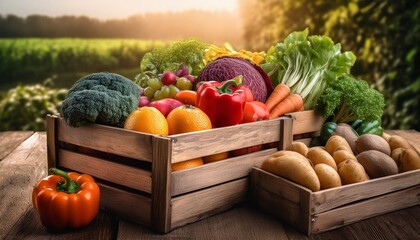 farm fresh fruits and vegetables in rustic boxes