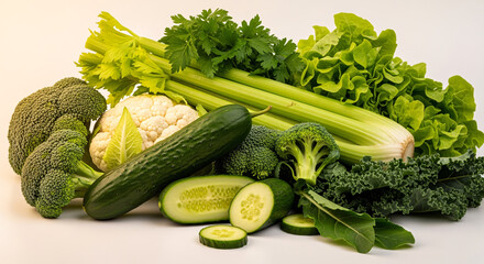 Fresh assortment of green vegetables and cauliflower on white background