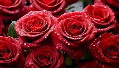 fresh red roses with dewdrops on delicate petals