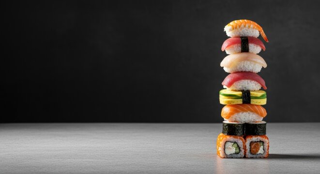 Impressive stack of colorful sushi nigiri and maki rolls on a sleek gray surface