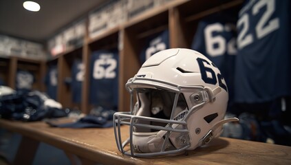 White Football Helmet on Bench in Navy Blue Locker Room with Jersey Number 62, Athletic Sports Concept