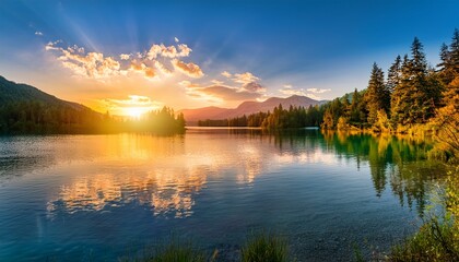 golden hour sunset over tranquil lake captivating nature landscape serene environment peaceful viewpoint vibrant colors for relaxation