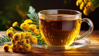herbal tansy seed tea in a glass cup with flowers on wooden surface