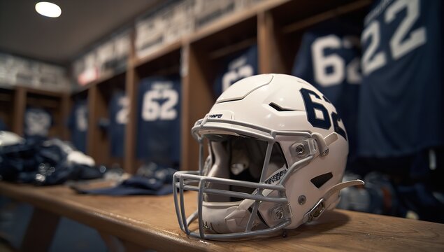 White Football Helmet on Bench in Navy Blue Locker Room with Jersey Number 62, Athletic Sports Concept