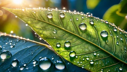 leaf glistens with water droplets reflecting light showing freshness