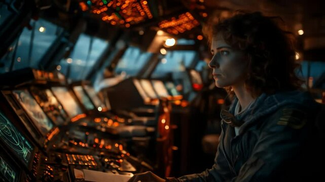 A woman works at controls in a dark hightech setting