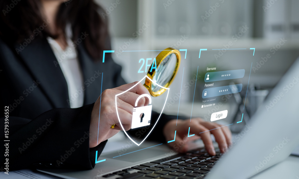 Poster two-factor authentication strengthens login system security. adds protection, two-factor authenticat