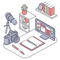 Isometric view of a desk setup with camera microphone monitor notebook pen and shelf in a workspace area