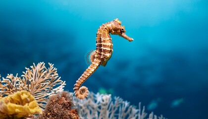 seahorse drifting upright in turquoise ocean background near coral