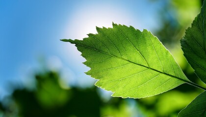 single vibrant green leaf stands out against soft focus background of other leaves clear blue sky its detailed veins serrated edges highlighted by sunlight