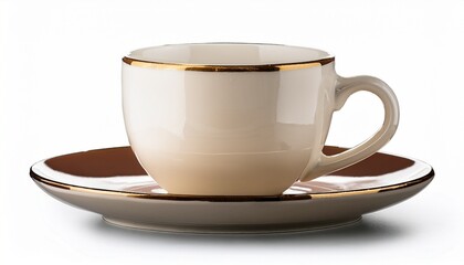 sleek cream ceramic mug with saucer with transparent background