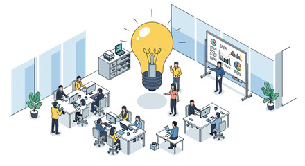 Creative business team collaborating together on innovative ideas generating solutions in modern office environment