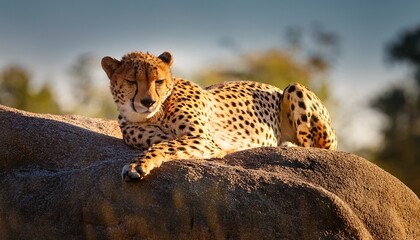 tranquil cheetah napping on a boulder in warm sunlight a spotted feline rests peacefully against nature s backdrop its soft fur dappled by light