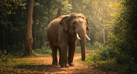 Fototapeta premium Majestic Elephant Walking on Forest Path at Sunrise
