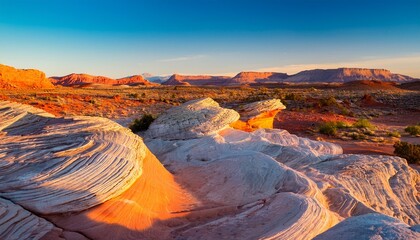 white pocket at vermillion cliffs in northern arizona white sandstone calcium deposit rocks scattered over the dry desert landscape photographed at sunset