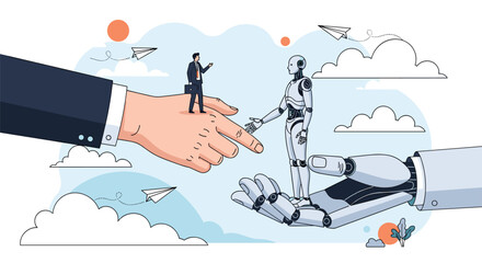 Human handshake with robotic hand symbolizing collaboration between humans and artificial intelligence technology