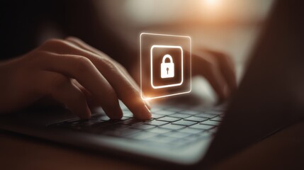 Hands are typing on a laptop keyboard while a digital lock icon hovers above the keys, symbolizing online security and data protection efforts in a tech-savvy environment