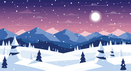 Fototapeta premium A serene winter landscape with falling snow and a full moon over snowy mountains and evergreen trees under a purple sky