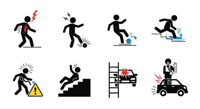 Illustrations depicting various accidents and safety hazards encountered in everyday life and work environments