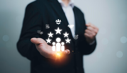 Businessman showing customer satisfaction and client success strategy with glowing star rating icon team support feedback management AI service partnership data analysis business excellence leadership