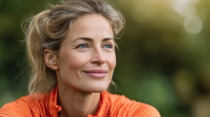 Fototapeta premium A joyful woman with blonde hair tied back is wearing an orange jacket while outdoors. She is smiling and looking off into the distance surrounded by greenery, reflecting a sense of peace