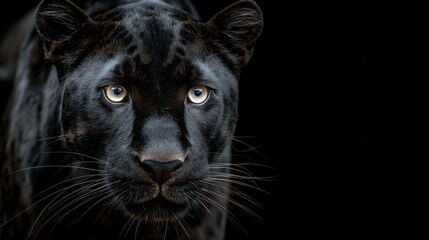 Obraz premium A black panther gazes intently at the viewer, showcasing its piercing blue eyes and unique coat patterns against a dark background. The creature exudes strength and grace
