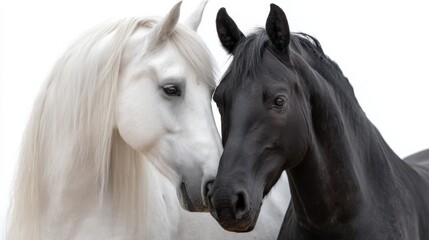 Two horses, one white with long flowing mane and the other black with a sleek appearance, stand close together. They seem to share a moment of connection in a calm environment