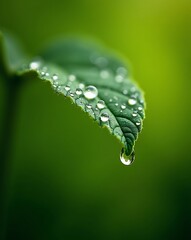 Close up of green leaf with many water droplets and one falling image