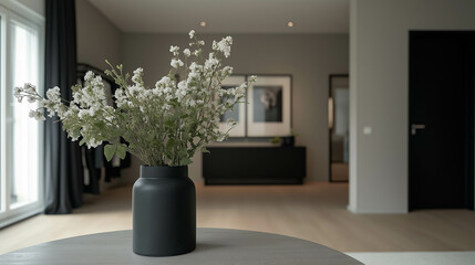 Elegant vase filled with white flowers sits on a round wooden table in a modern living room, showcasing minimalist decor and soft natural light enhancing the serene atmosphere