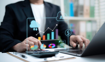 Businessman analyzing financial performance using AI cloud system with data visualization dashboard...