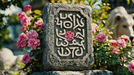 Ornate stone plaque amidst roses