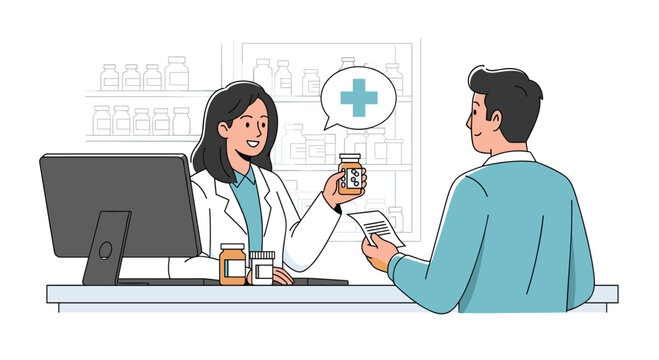 Pharmacist assisting customer at pharmacy counter with prescription medication and health advice