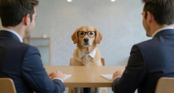 Golden retriever dog wearing glasses and collar in job interview image