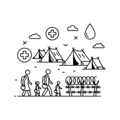 Line drawing of refugee camp isolated on white background