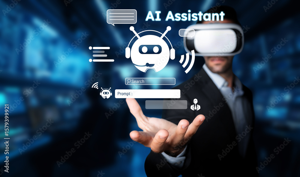 Poster explore a futuristic ai assistant concept featuring a virtual reality interface and chatbot function