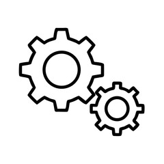 Minimalist black outline vector icon of two interlocking gears, one larger than the other, symbolizing machinery, teamwork, and process efficiency. Isolated on a white background.