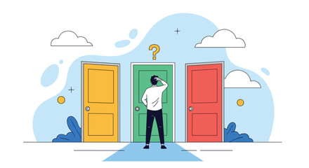 A person standing in front of three doors thinking about which one to choose