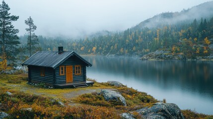 Fototapeta premium Misty cabin by a serene lake