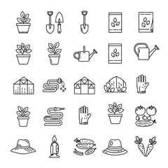 Gardening tools and plants icons isolated on white background