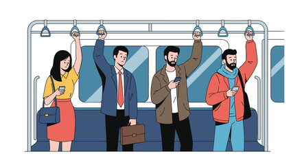 Diverse group of people commuting daily on public transportation holding smartphones and bags