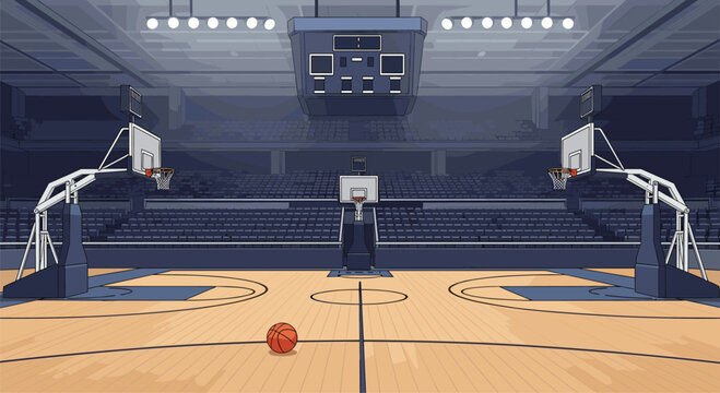 Basketball arena with two hoops and a ball on the court ready for a game