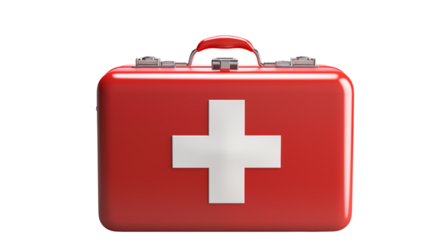 Bright red first aid kit, a symbol of safety and medical assistance, stands ready for emergency situations.