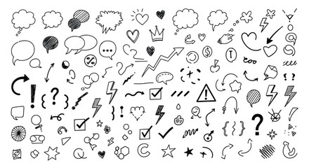Fototapeta premium A vast collection of hand drawn doodle icons featuring speech bubbles hearts arrows and symbols for design projects