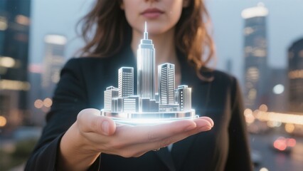 Woman Holding Holographic Cityscape Model Futuristic Urban Development Real Estate Technology Business Concept