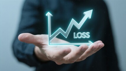 Increasing Losses Graph: Businessman Holding Holographic Chart Showing Rising Financial Losses, Stock Market Decline