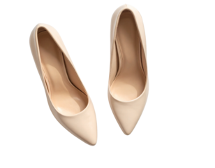  Top View of Beige High Heels with One Shoe Tilted, Casual Arrangement on White Background